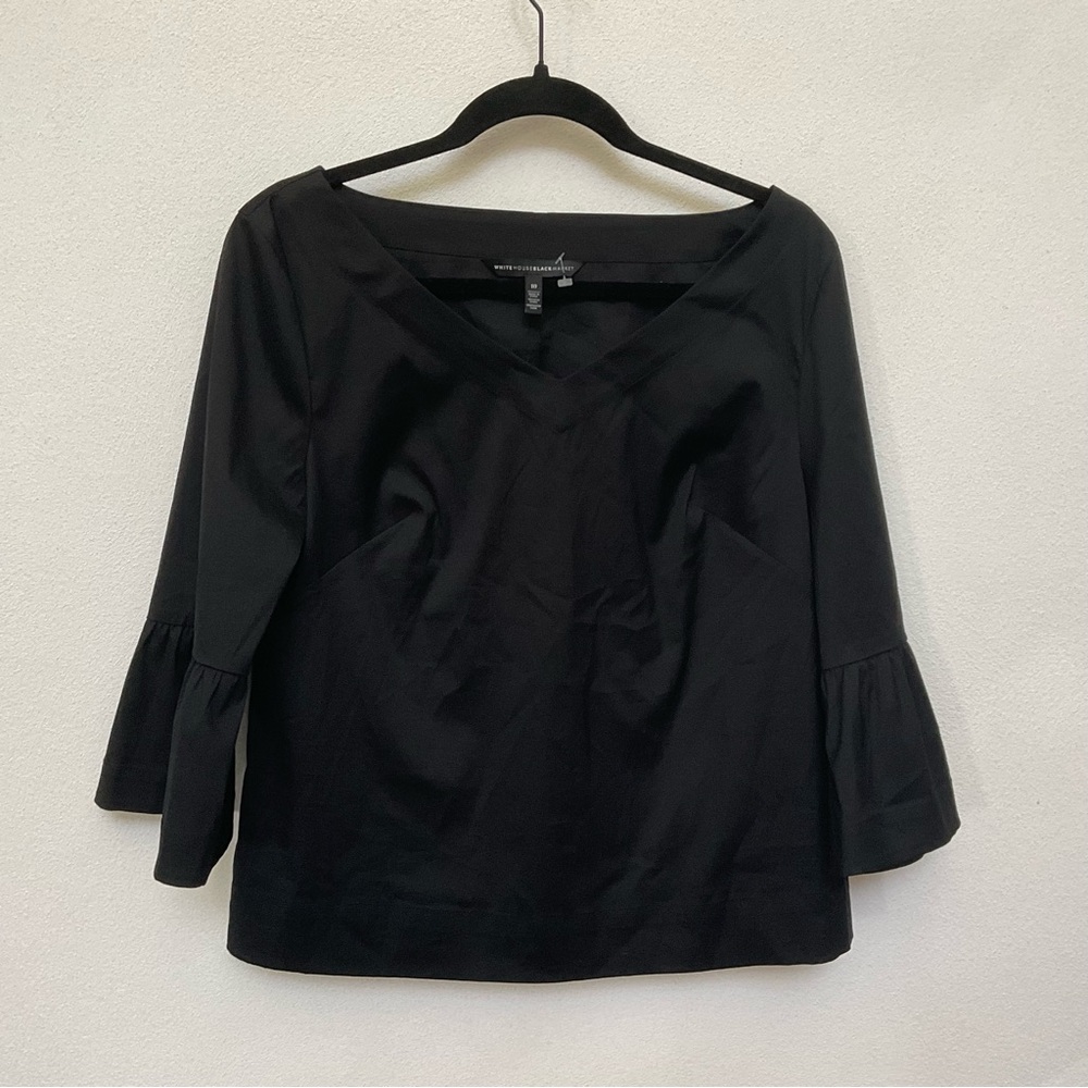 WHBM Black Cotton Blend Bell Sleeve V-Neck Blouse Size 10 Work Office Career